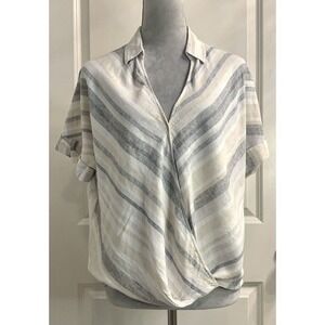 Loft Women’s Faux Wrap V Neck Linen Blend Short Sleeve Chevron Blouse S